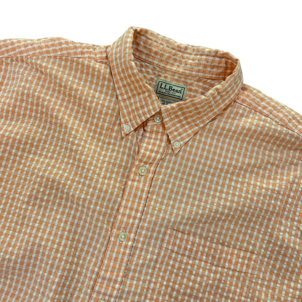 L.L. BEAN Short Sleeve Button Shirt Mens XL Orange White Gingham Cotton Casual